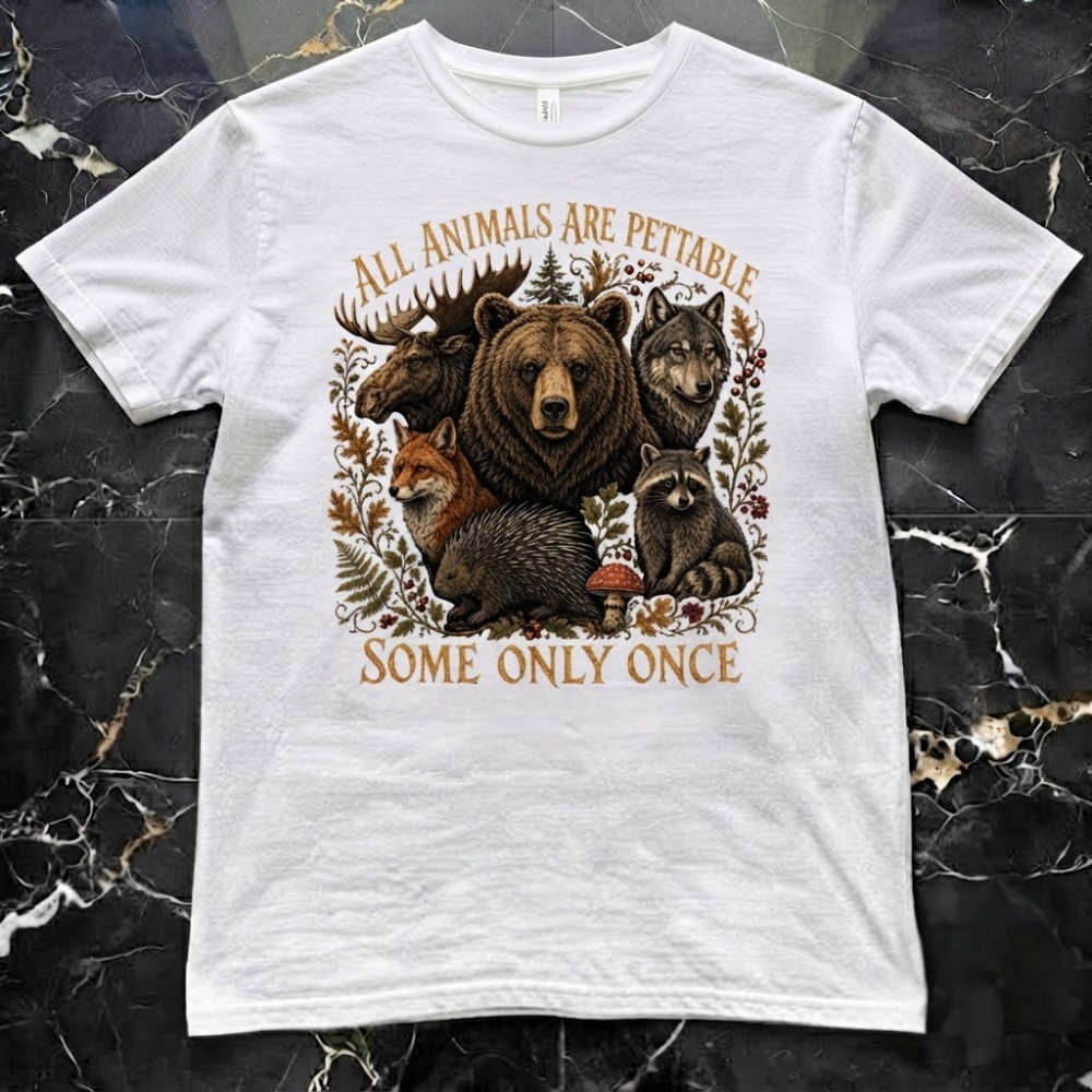 All Animals Are Pettable Bear Wolf Funny Wildlife Nature Gildan T-Shirt - Picture 2 of 7